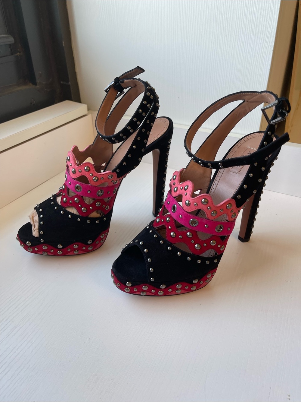 Alaia Black, Pink and Red Scalloped Studded Platform Sandals - Picture 11 of 12